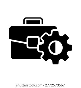 Black icon of a briefcase and a gear with a halfcircle design