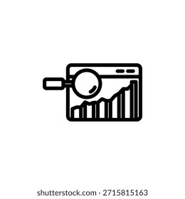 Schwarzes Symbol eines Browserfensters, das ein aufsteigendes Balkendiagramm mit einer Lupe zeigt, die die Daten überprüft.