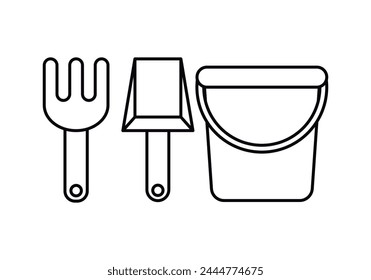 Black icon of bucket with shovel and rake for the beach.