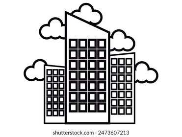 Schwarze Ikone der Gebäude Wolkenkratzer zwischen Wolken.