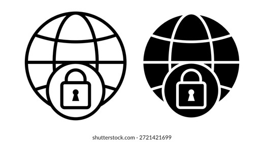 Schwarzes Symbolpaket, das einen Globus mit einem sicheren Symbol darstellt, perfekt für globale Sicherheit, Online-Schutz und sichere internationale Kommunikation.