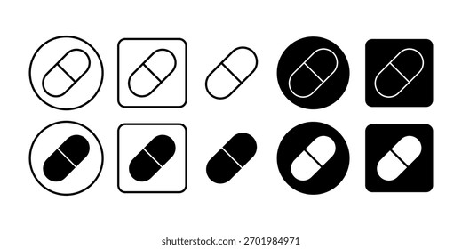 Black icon bundle featuring capsule shape symbolizing medicine, health supplements, and healthcare treatment.