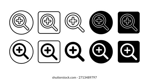 Paquete de iconos negros con símbolos de lupa para acercar, buscar y visualizar imágenes detalladas.