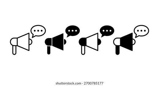 Paquete de icono negro con megáfono y burbuja de discurso que representa campañas publicitarias y comunicación digital. Ideal para imágenes de marketing y gráficos de promoción de marca.