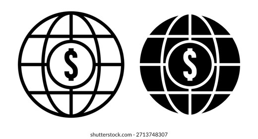 Schwarzes Symbolpaket aus Globus-Dollar-Symbolen, geeignet für globale Finanzierungen, Währungstools und internationale Geschäftsplattformen.