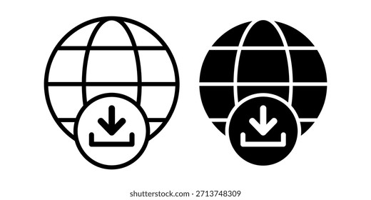 Schwarzes Symbolpaket aus globalen Download-Symbolen, ideal zum Abrufen von Weltdaten, zum Herunterladen globaler Inhalte und Online-Ressourcen.