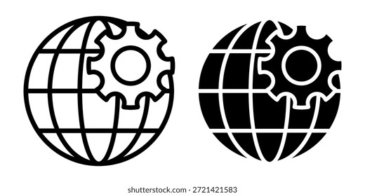 Icono negro Paquete de un globo con un engranaje, ideal para Configuraciones globales, ajustes de sistemas internacionales y Elementos de configuración en todo el mundo.