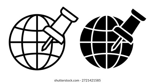 Pacote de ícone preto de um globo marcado com um pin push, ideal para destinos, mapas de viagem, planejamento global e marcação de localização mundial.