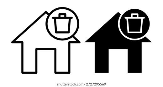 Paquete de ícono negro de un ícono de casa con un elemento de basura, ideal para App de limpieza, acciones de Borrar, herramientas de tablero y sistemas de administración de la casa.