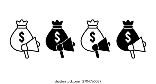 Black icon bundle of money bag and megaphone representing marketing budget, ad spending, and business promotion visuals.
