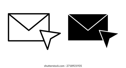 Un Paquete de ícono negro que muestra sobres de correo electrónico con símbolos de Hacer clic de cursor para mensajes interactivos, navegación digital y acciones de interfaz de usuario.