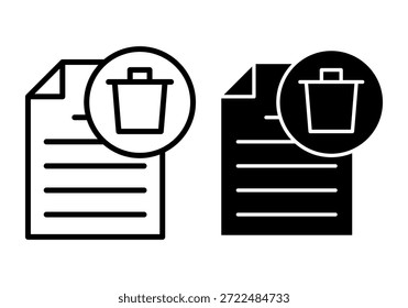 Paquete de icono negro que muestra símbolos de papelera de archivos diseñados para limpieza digital, eliminación de documentos, administración de almacenamiento y organización eficiente del espacio de trabajo.