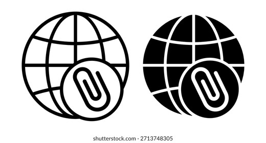 Pacote de ícone preto mostrando os símbolos de anexo do globo, ótimo para vincular arquivos globais, recursos conectados e comunicação mundial.