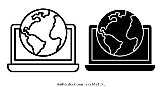 Paquete de icono negro que muestra un globo terráqueo en una pantalla de portátil, ideal para trabajo remoto, tecnología global, acceso en línea y temas de conectividad mundial.
