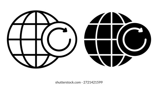Black icon bundle showing a globe with a refresh arrow, perfect for global updates, data synchronization, and worldwide system refresh concepts.