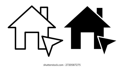 Pacote de ícones pretos mostrando um símbolo de início com um elemento de clique do cursor, ideal para menus, botões de navegação e ações de interface.