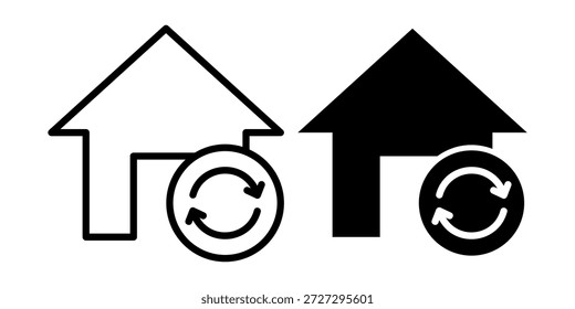Paquete de ícono negro que muestra un hogar con una flecha Actualizar, adecuado para acciones de actualización, Actualizar del sistema, menús de Configuraciones y paneles digitales del hogar.