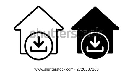 Black icon bundle showing a home symbol with a download arrow, ideal for saving files, offline access, and system resources.