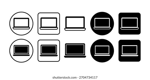 Paquete de ícono negro que muestra símbolos de computadora portátil que representan conceptos de computadora, tecnología, trabajo digital y comunicación en línea.