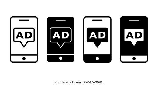 Black icon bundle of smartphone with advertisement representing media buying and ad placement process. Great for business marketing visuals and online promotion design.