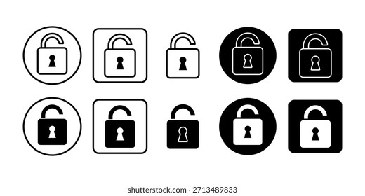Paquete de íconos negros de símbolos de desbloqueo que representan el acceso, la autenticación y las imágenes de seguridad de datos para proyectos digitales y de Web.