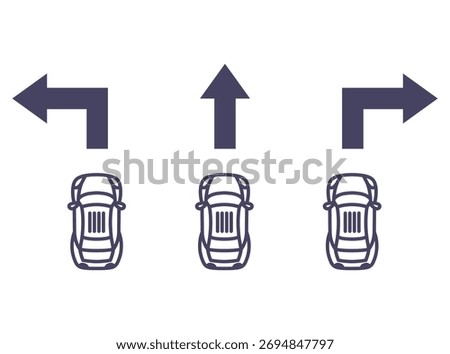 Black icon of a car turning left, right, straight. Flat illustration.