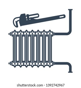 black icon central heating battery, radiator, pipe wrench, repair