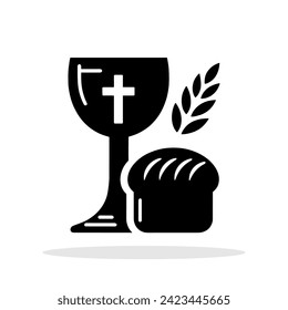 Black icon of the Chalice with a cross, an ear of corn and bread. Christian fellowship concept. Religious icon. Vector illustration.