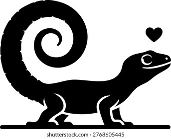 Black icon of chameleon on transparent background, modern vector illustration. Silhouette of gecko with long swirled tail and heart shape.