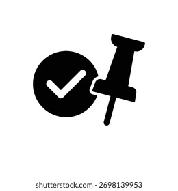 Icono negro con una marca de verificación en un círculo y una chincheta, que representa la finalización de la tarea, el éxito y los recordatorios.
