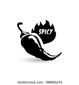 Black icon of chili pepper with fire and text Spicy, isolated on white background