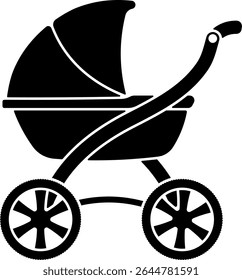 Ícone preto de um carrinho ou carrinho de bebê clássico, design de silhueta simples, sem fundo