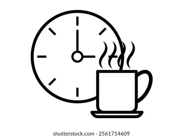Black icon of clock with coffee cup representing breakfast time