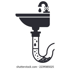 black icon clogged sink pipes. flat vector illustration.