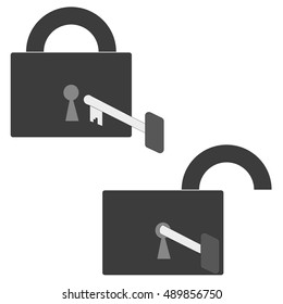 Black icon closed and open padlock with the key in the keyhole on a white background. stylish vector illustration for web design