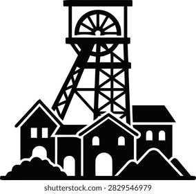 Black icon of a coal mine headframe with industrial buildings and piles of coal, representing mining industry and extraction facilities.