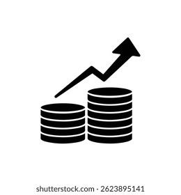 Black Icon of Coin Stack with Upward Arrow for Finance