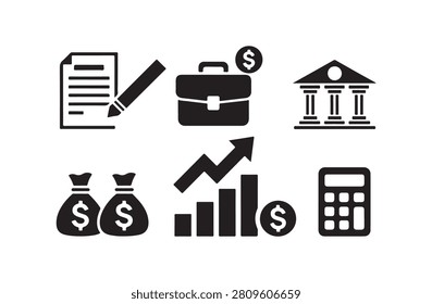 Black icon collection featuring documents with pens briefcases banks money bags growth charts calculators.