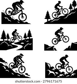 Black icon collection featuring mountain biking stunts trail navigation and cycling maneuvers in diverse outdoor settings.
