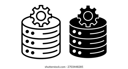 Una colección de íconos negros enfocada en Configuraciones de bases de datos para tareas de configuración y administración de información digital.