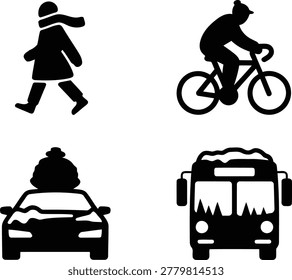 Black icon collection showcasing winter transport and human activity during snowy days including cyclists and public bus transit.