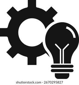 Un icono negro que combina un engranaje y una bombilla, simbolizando la fusión de procesos mecánicos con ideas innovadoras y resolución de problemas.