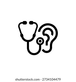Un ícono negro que combina un estetoscopio y un oído, representando pruebas de audición y diagnósticos médicos.