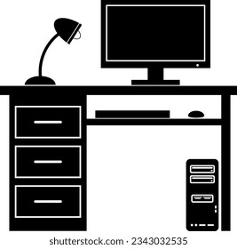 Black icon of the computer and its accessories on a table, professionally on a white background
