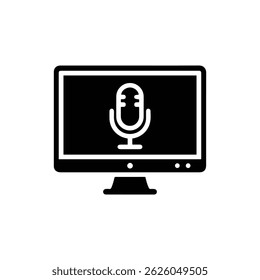 Black Icon of Computer with Microphone in Front