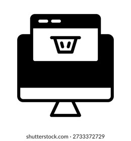 Black icon computer show online shop or ecommerce. Minimalist Marketing semi solid symbol design.