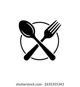 Black icon of crossed silverware on a transparent backdrop. A fork and spoon in a circular frame represents a food or dining concept.