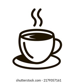 Black icon of a cup with a hot drink. Tea or coffee. Lunch break symbol. Icon logo for cafe and coffee shop. Vector black and white isolated illustration