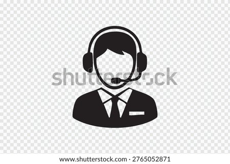 Black icon of a customer service representative wearing a headset, representing support, communication, and help desk services.