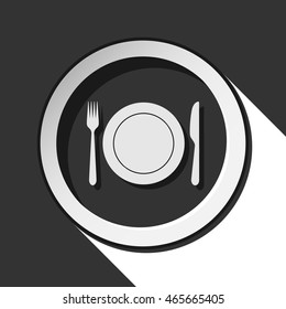 black icon, cutlery, fork and knife with plate - white stylized shadow